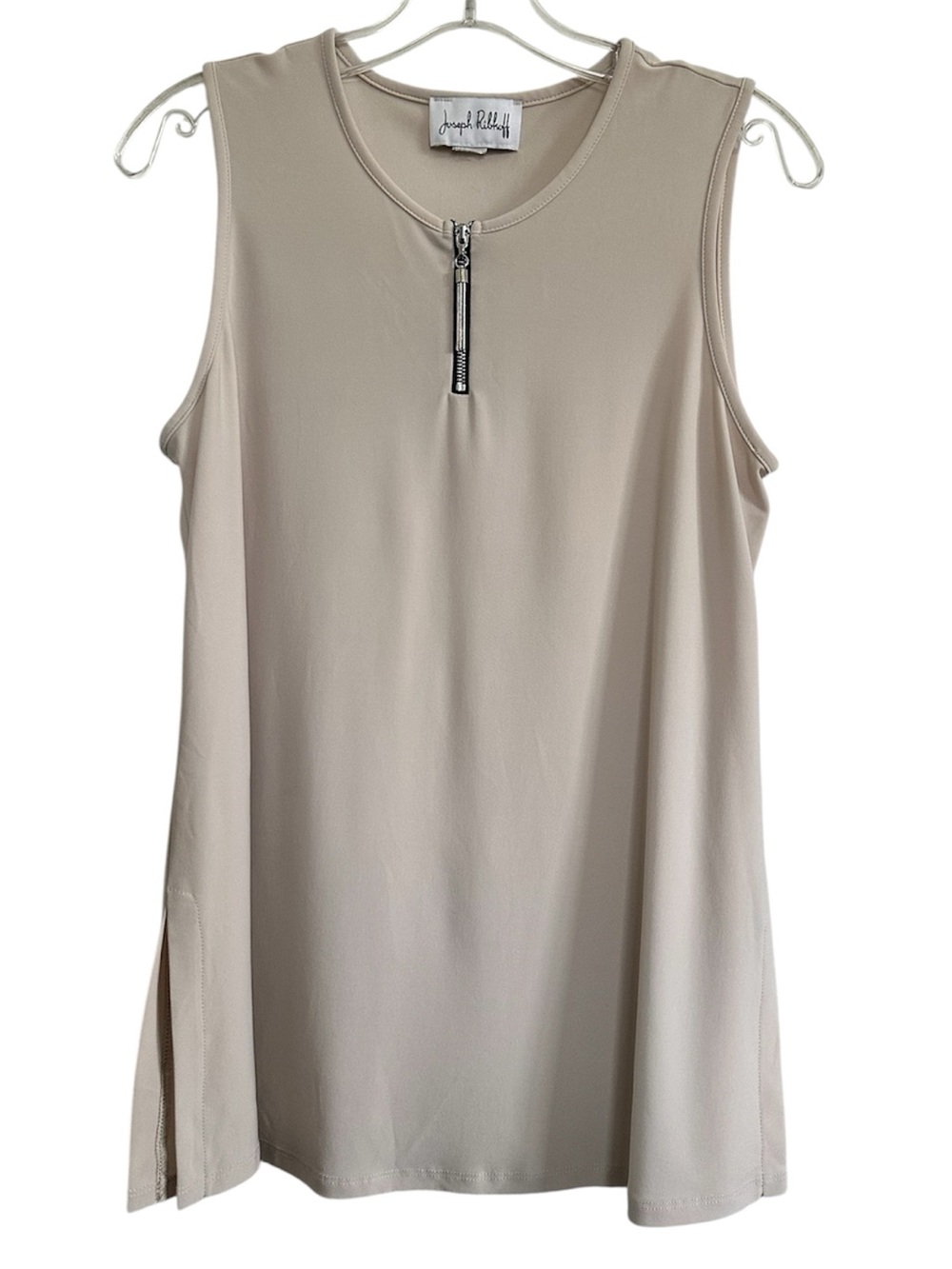 Joseph Ribkoff Beige Sleeveless Tassel Zip Blouse